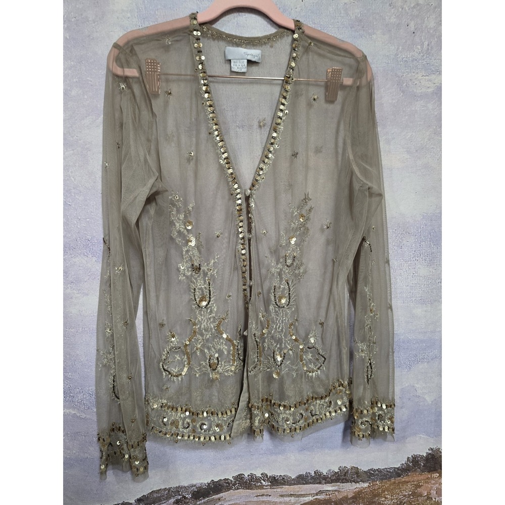 Vintage Spiegel Sheer Mesh Beaded Cardigan Blouse Gold Sequin Embroidered Small